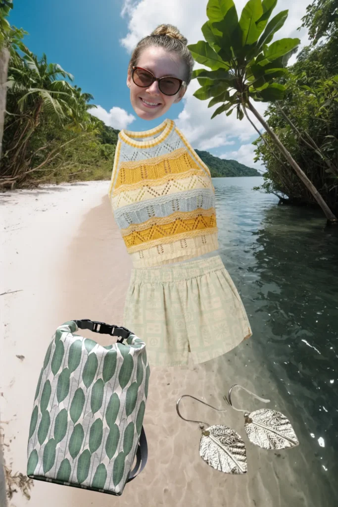 Sommer-Outfit am Wasser: gehäkeltes Streifen-Top, gemusterte Shorts, Blatt-Ohrringe und Ikuri Drybag Banana Leaf – wasserdichter Rucksack mit Bananenblatt-Print