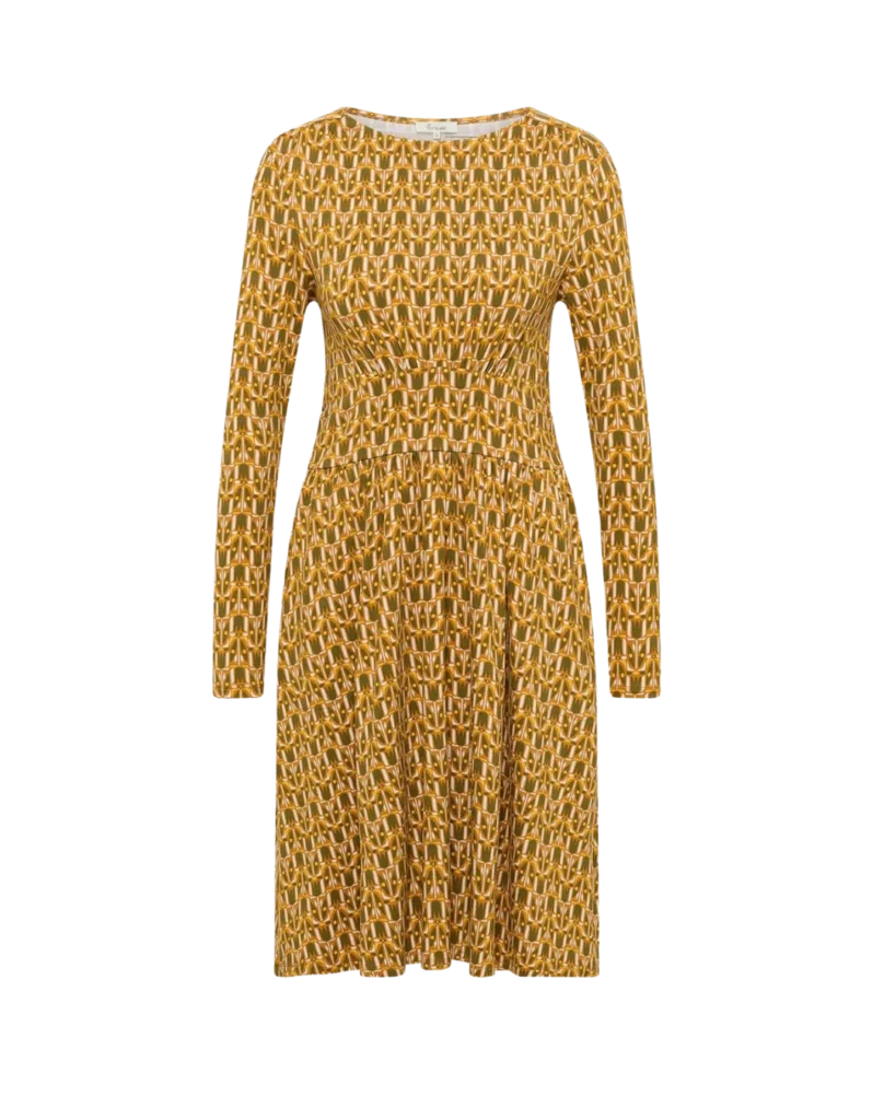 Senfgelbes gemustertes Jersey-Kleid Corinnee in Bernstein von Tranquillo