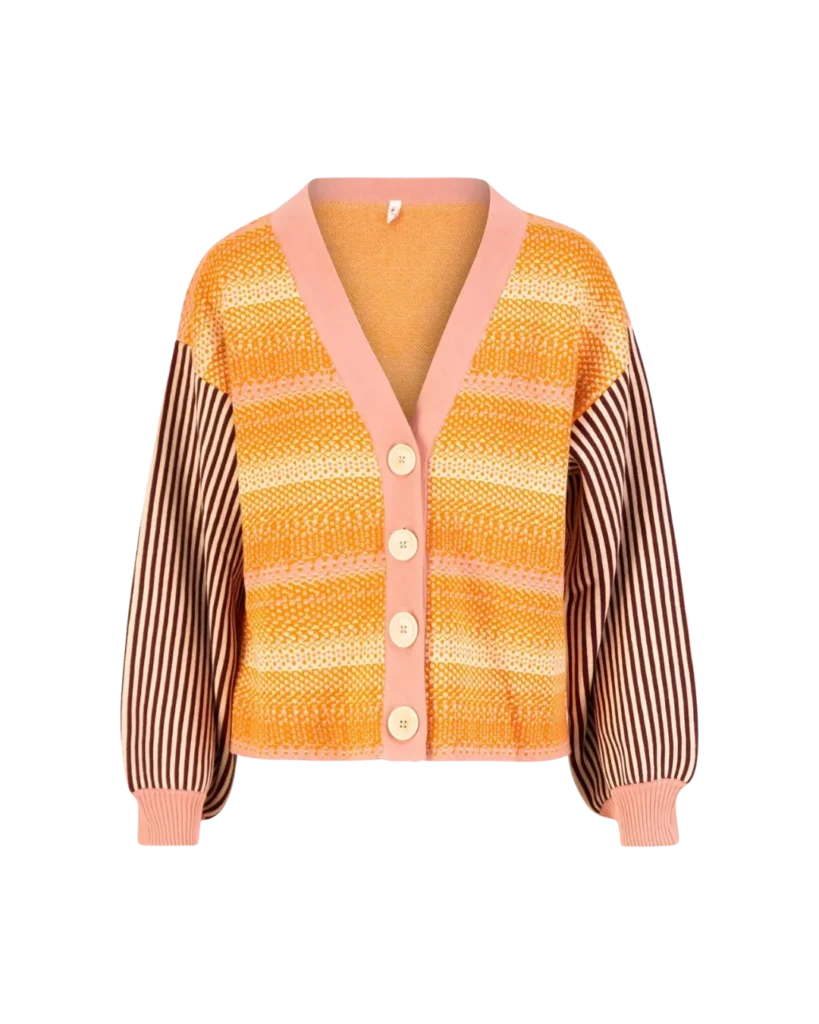 Orangefarbene Strickjacke Charming Storyteller mit gestreiften Ärmeln von Blutsgeschwister