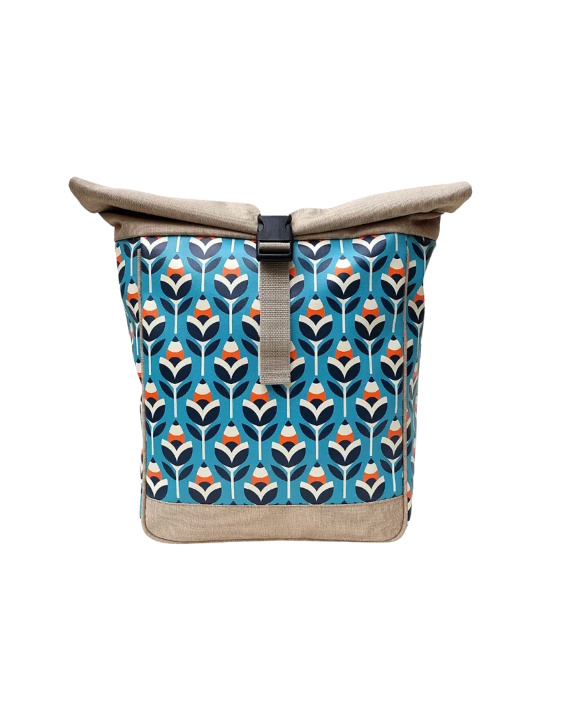 Ikuri Tagesrucksack Damen Scandinavia – Fahrradrucksack im türkisen Retro-Muster, Fahrradtasche und Rucksack in einem