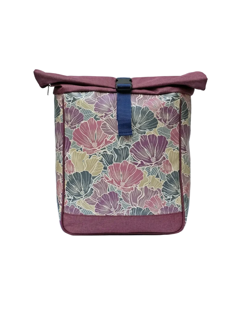 Ikuri Fahrradrucksack Damen Veranillo – Rucksack mit Blumen in Bordeaux und Gold, Fahrradtasche und Rucksack in einem