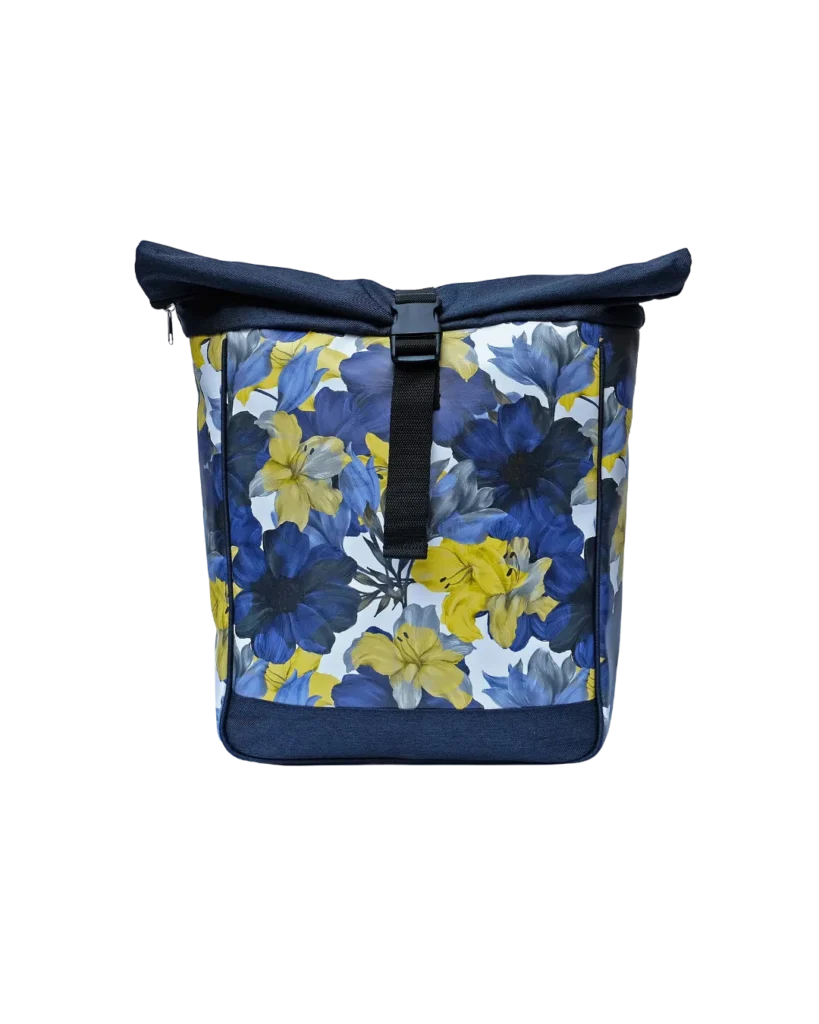 Ikuri Reiserucksack Damen Azucena – Fahrradrucksack mit blau-gelbem Lilien-Print, Fahrradtasche und Rucksack in einem