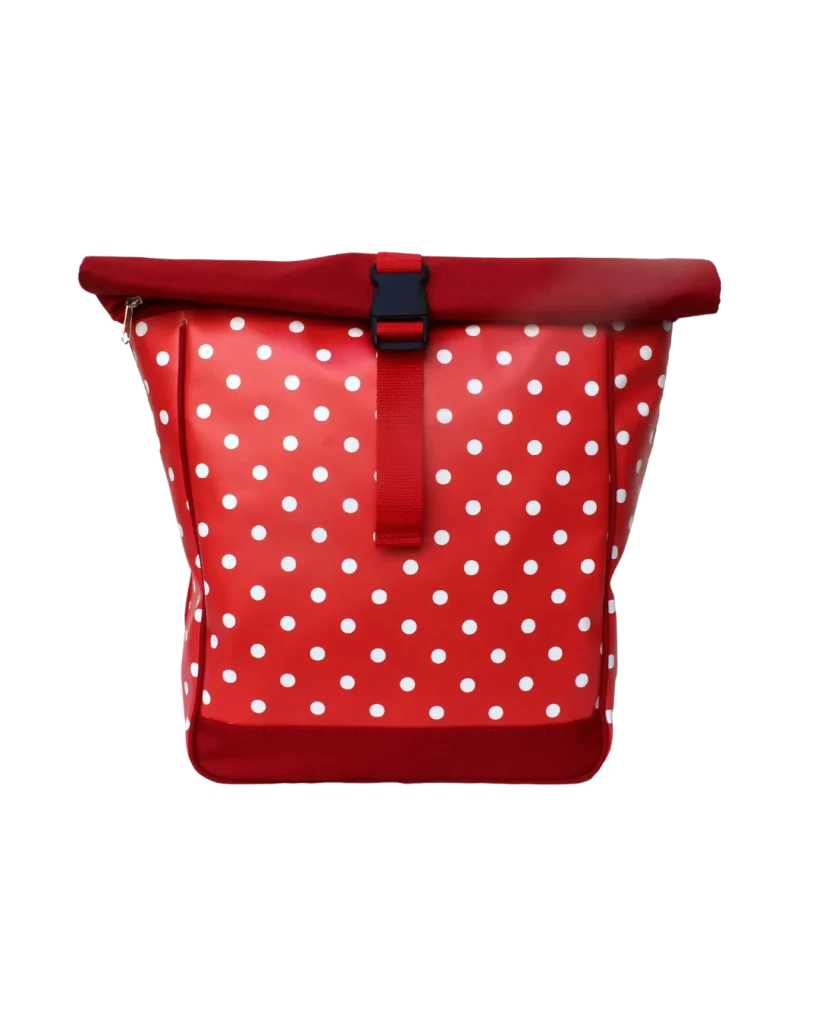 Ikuri Rucksack Lunares rot – weiße Punkte auf Rot, Fahrradrucksack Damen und Fahrradtasche in einem