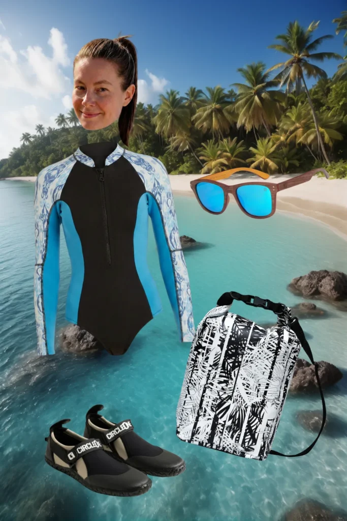 Surf-Outfit am Palmenstrand: kurzer Neoprenanzug, Wasserschuhe, Sonnenbrille und Ikuri Drybag Palmeras – wasserdichter Rucksack mit Palmenblätter-Print