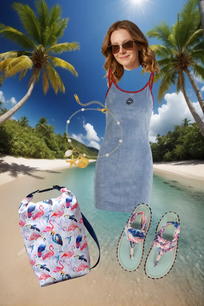 Strand-Outfit am Palmenstrand: hellblaues Minikleid, bunte Zehensandalen, Fußkettchen mit Meeresmotiven und Ikuri Drybag Pajaros – wasserdichter Rucksack mit Flamingo-Print