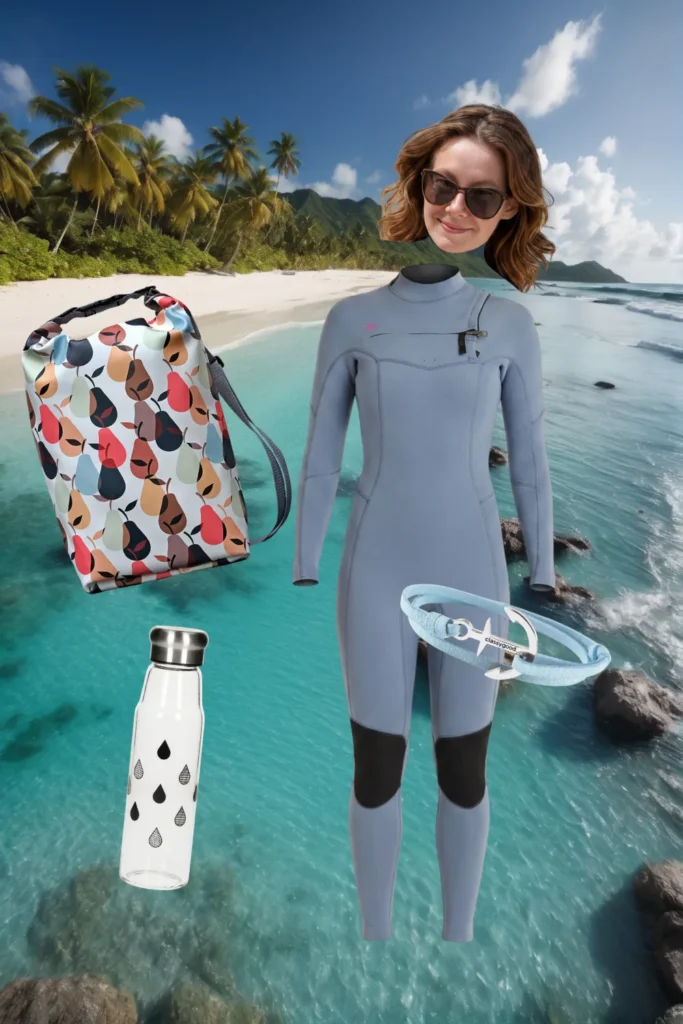 Wassersport-Outfit am Strand: grauer Neoprenanzug, Anker-Armband, Glas-Trinkflasche und Ikuri Drybag Peras – wasserdichter Rucksack mit Birnen-Muster