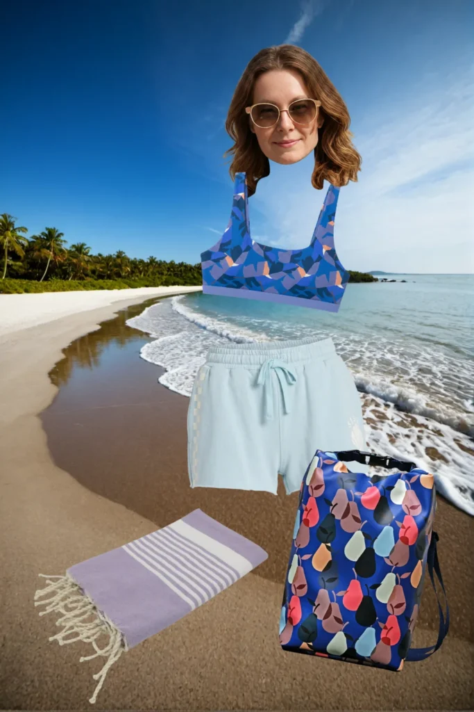 Strand-Outfit: buntes Bikini-Top, hellblaue Shorts, lila Hamamtuch und Ikuri Drybag Peras blau – wasserdichter Rucksack mit bunten Birnen