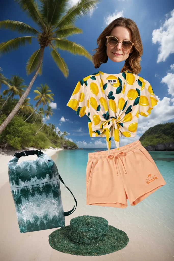 Buntes Sommer-Outfit am Strand: Wickeltop mit Zitronen-Print, apricotfarbene Shorts, grüner Sommerhut und Ikuri Drybag Pinos – wasserdichter Rucksack mit Wald-Motiv