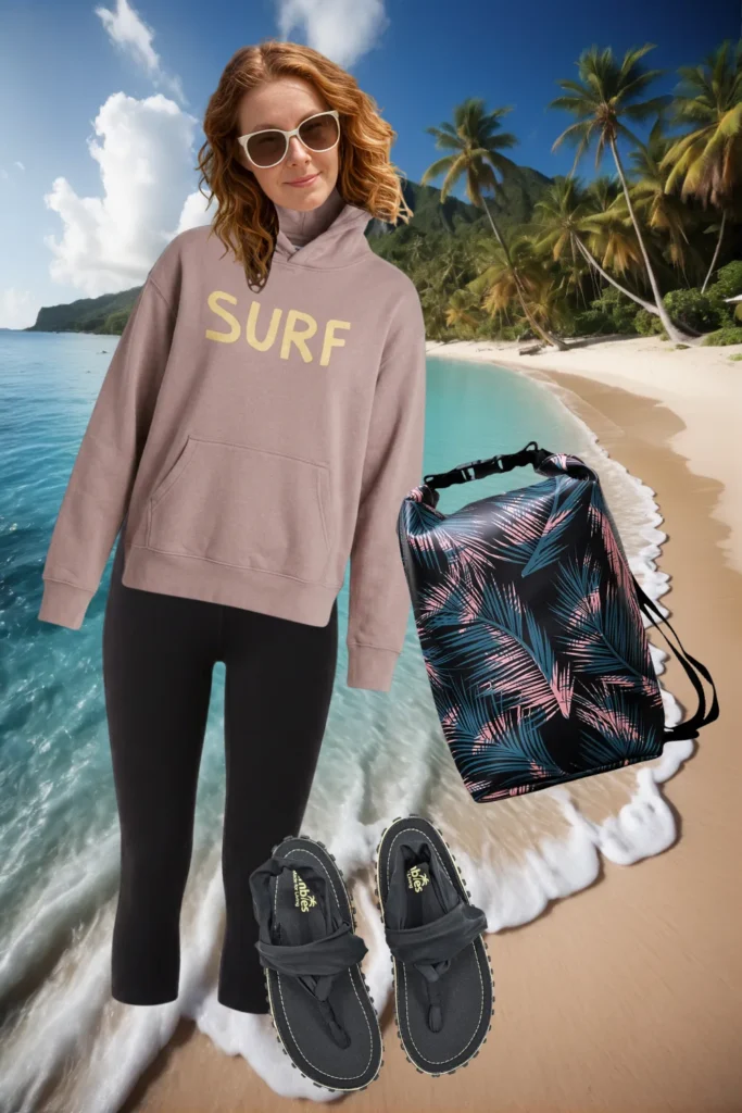 Sportlicher Surf-Look am Palmenstrand: Hoodie mit SURF-Print, schwarze Leggings, Zehensandalen und Ikuri Drybag Retro Palma – wasserdichter Rucksack mit Palmen-Print