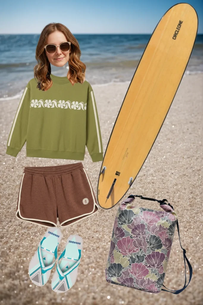 Surf-Outfit am Strand: olivgrüner Pullover, braune Shorts, Badeschuhe, Surfbrett und Ikuri Drybag Veranillo – wasserdichter Rucksack mit Blumenmuster