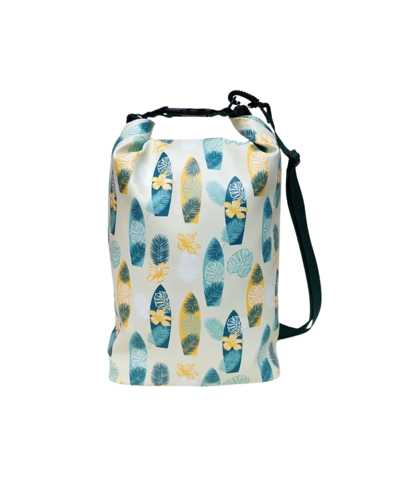 Ikuri Drybag Surf – wasserdichter Strandrucksack mit Surfboard-Print in Türkis, 10 Liter