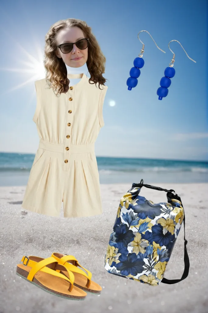 Strand-Outfit an der Ostsee: cremeweißer Romper, gelbe Sandalen, blaue Ohrringe und Ikuri Drybag Azucena – wasserdichter Rucksack mit Lilien-Print