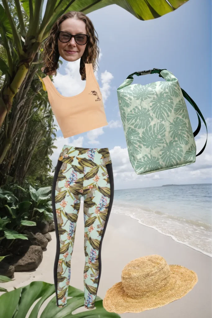 Sommer-Outfit im Dschungel: apricotfarbenes Tanktop, Leggings mit Blätter-Print, Strohhut und Ikuri Drybag Monstera – wasserdichter Rucksack in Hellgrün
