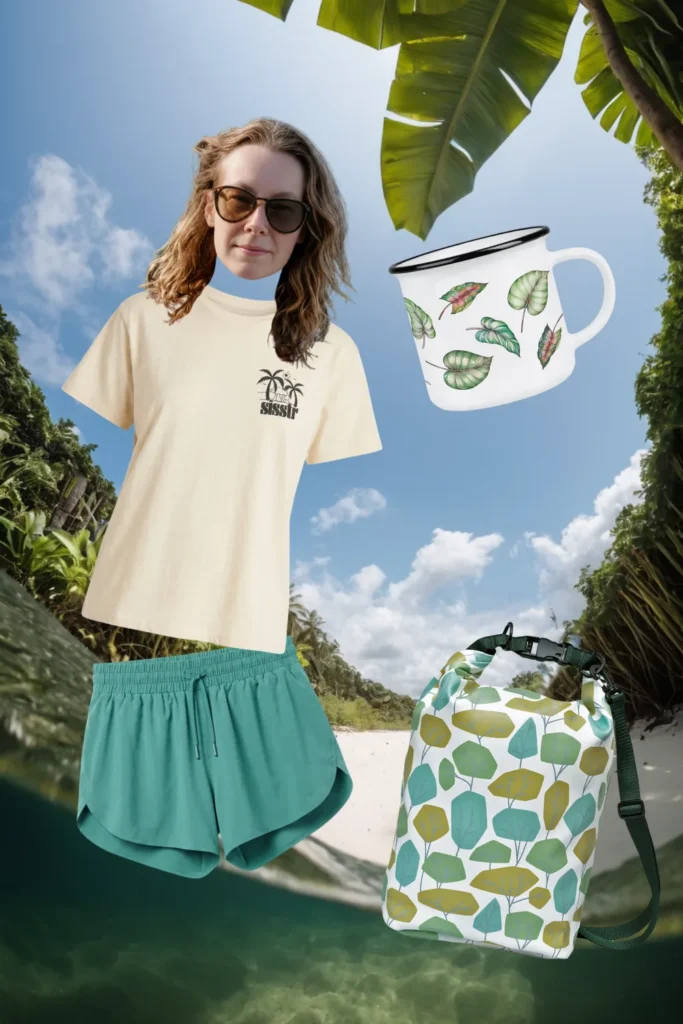 Sommer-Outfit im Dschungel: cremefarbenes T-Shirt, türkisgrüne Shorts, Tasse mit Blättermotiv und Ikuri Drybag Bosque – wasserdichter Rucksack mit Baum-Motiv