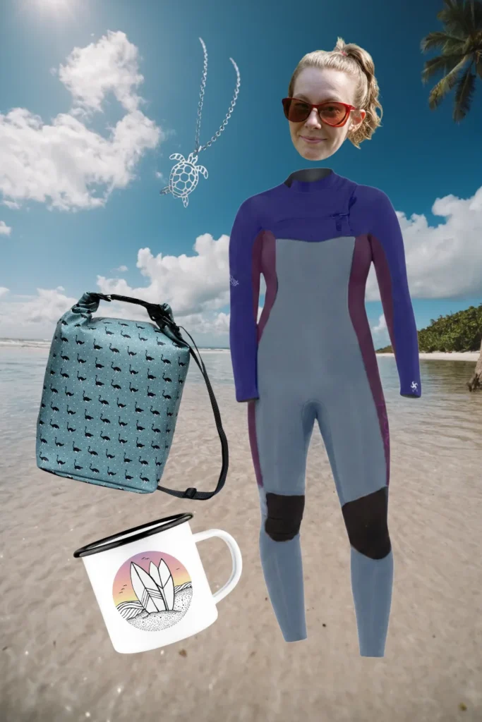 Wassersport-Outfit am Strand: Damen-Neoprenanzug, Schildkröten-Kette, Emaille-Tasse und Ikuri Drybag Avestruz – wasserdichter Rucksack mit Strauß-Print