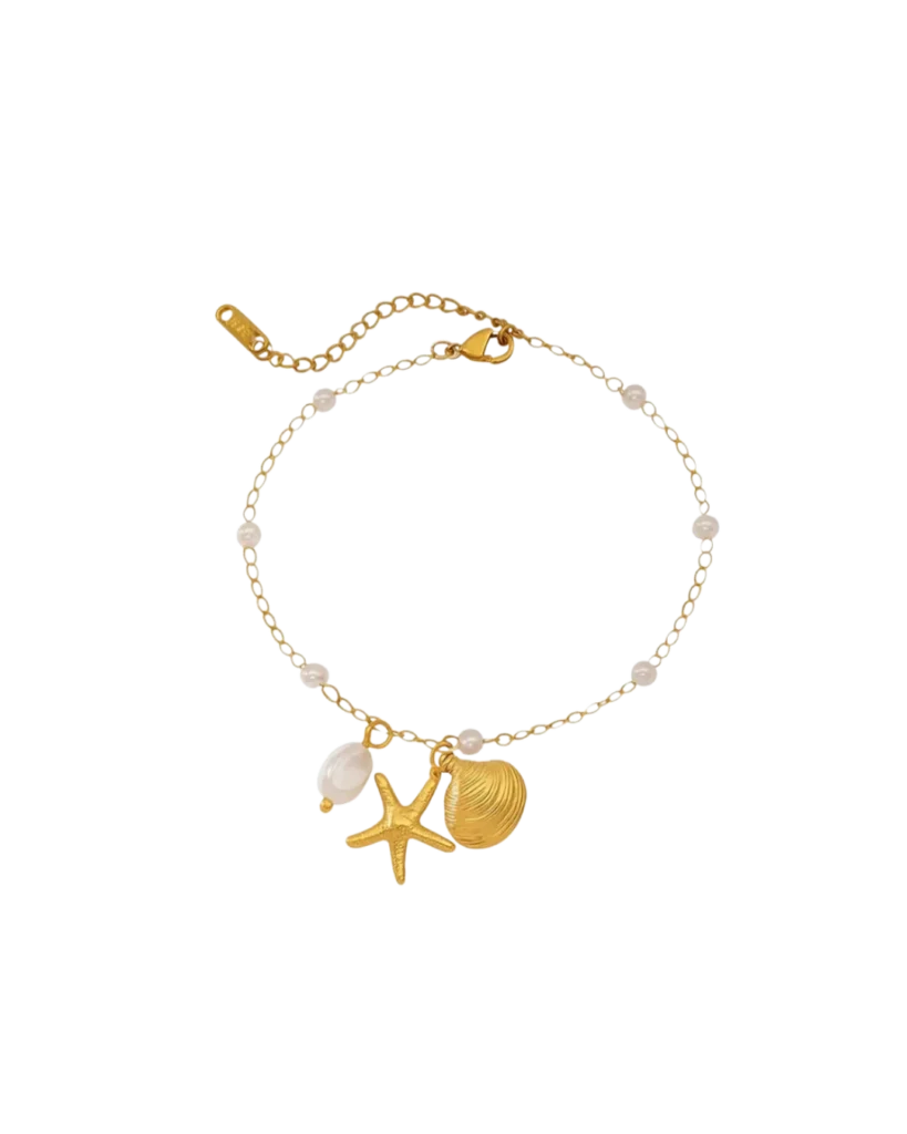 Ocean Luxe 18 Karat vergoldetes Perlen-Fußkettchen mit Meeresmotiv-Anhängern