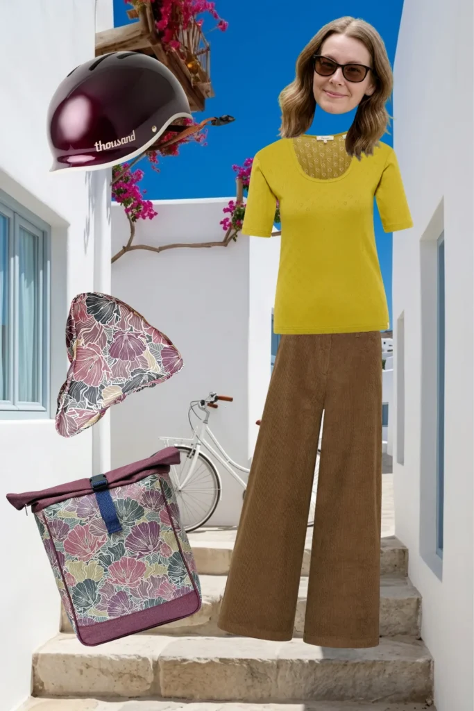 Herbst-Outfit für Radfahrerinnen: gelbgrünes Shirt, braune Cordhose, dunkelroter Fahrradhelm und Ikuri Fahrradtasche Rucksack Veranillo mit Blumenmuster und Sattelschoner
