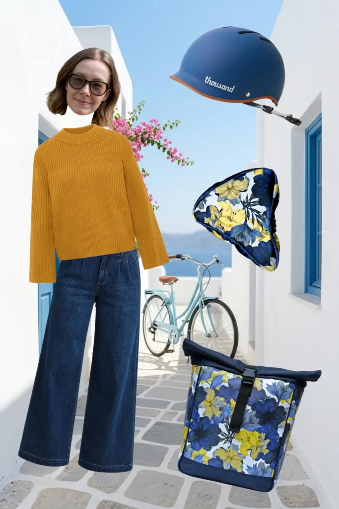 Fahrrad-Outfit in Senfgelb und Jeansblau: Strickpullover, weite Jeans, blauer Fahrradhelm und Ikuri Fahrradtasche Rucksack Azucena mit Lilien-Print und Sattelschoner