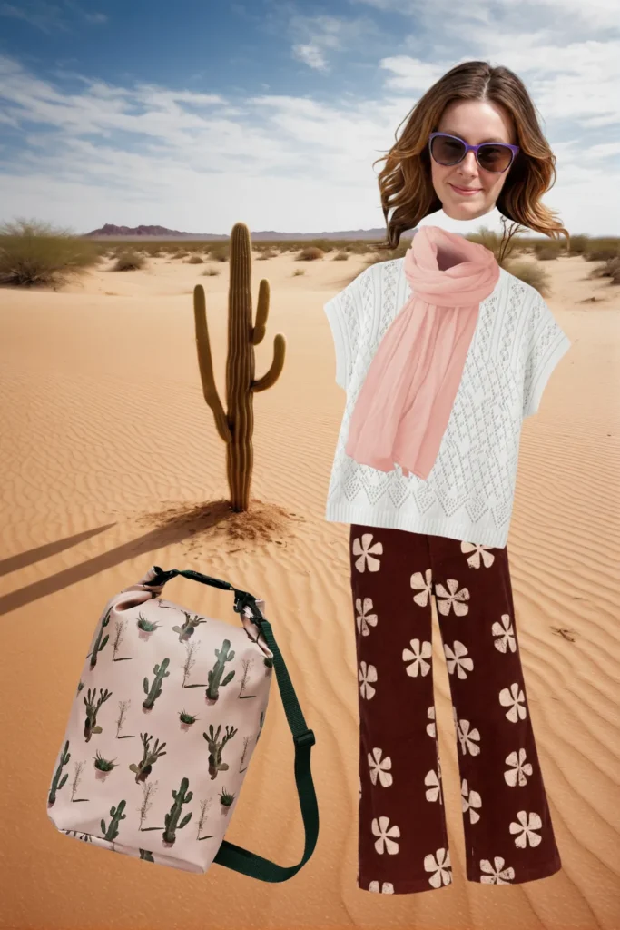 Boho-Outfit in der Wüste: weißer Strick-Pullover, braune Hose mit Blumenmuster, rosa Schal und Ikuri Drybag Cactus – wasserdichter Rucksack mit Kaktus-Print