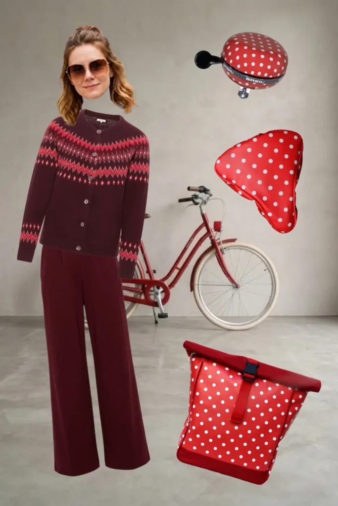 Rotes Herbst-Outfit fürs Fahrrad: Norweger-Cardigan, Bordeaux-Hose, gepunktete Fahrradklingel und Ikuri Fahrradtasche Rucksack Lunares Rot mit Sattelschoner