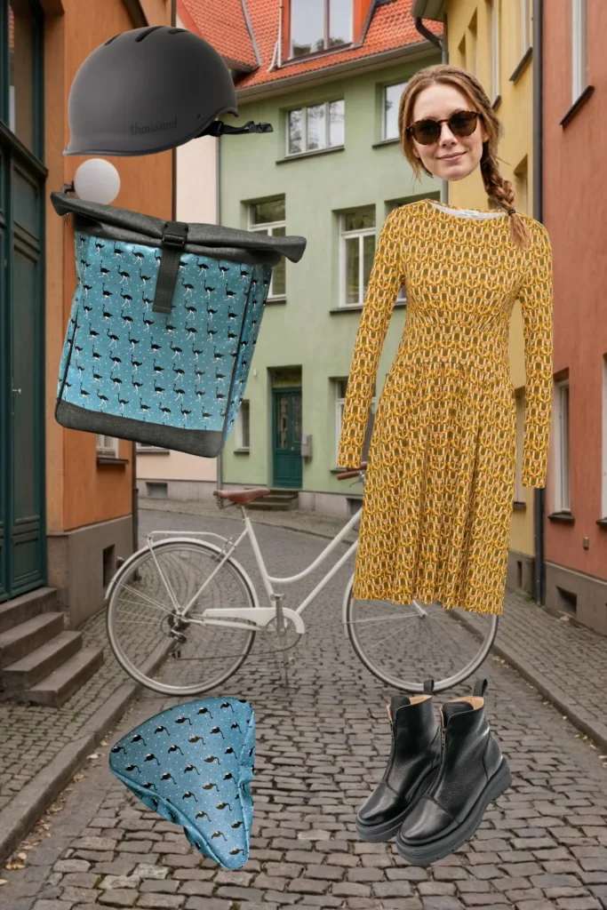 Fahrrad-Outfit für die Stadt: senfgelbes Musterkleid, schwarze Stiefeletten, schwarzer Fahrradhelm und Ikuri Fahrradtasche Rucksack Avestruz mit Sattelschoner