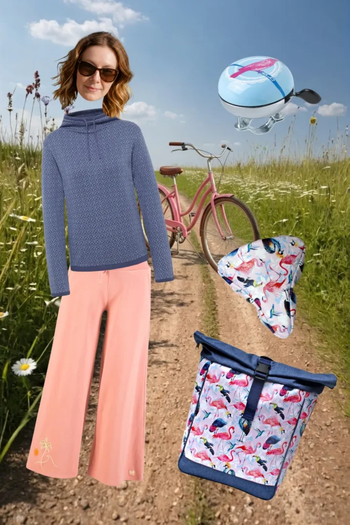 Fahrrad-Outfit für eine Radtour im Grünen: blauer Pullover, pfirsichfarbene Hose, Fahrradklingel mit Vogelmotiv und Ikuri Fahrradtasche Rucksack Pajaros mit Flamingo-Print