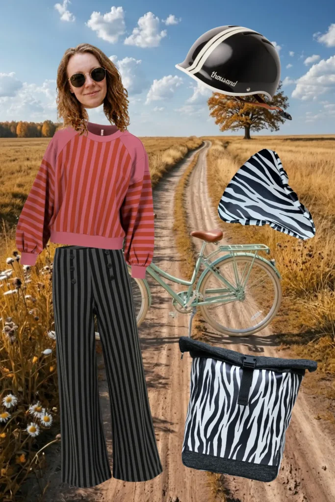 Fahrrad-Outfit im Zebraprint: rosa gestreiftes Sweatshirt, gestreifte Hose, schwarzer Fahrradhelm und Ikuri Fahrradtasche Rucksack Zebra mit Sattelschoner