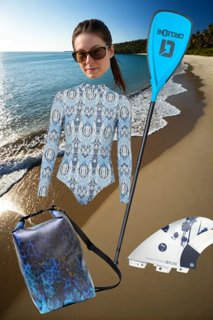 Surf-Outfit am Strand: Langarm-Surfbadeanzug mit Ikat-Muster, SUP-Paddel, Finnen und Ikuri Drybag Pantera – wasserdichter Rucksack mit blauem Animal Print