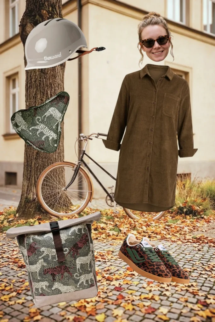 Herbst-Outfit fürs Fahrrad mit Animal Print: braunes Cordkleid, Leoparden-Sneaker, grauer Fahrradhelm und Ikuri Fahrradtasche Rucksack Animals mit Sattelschoner