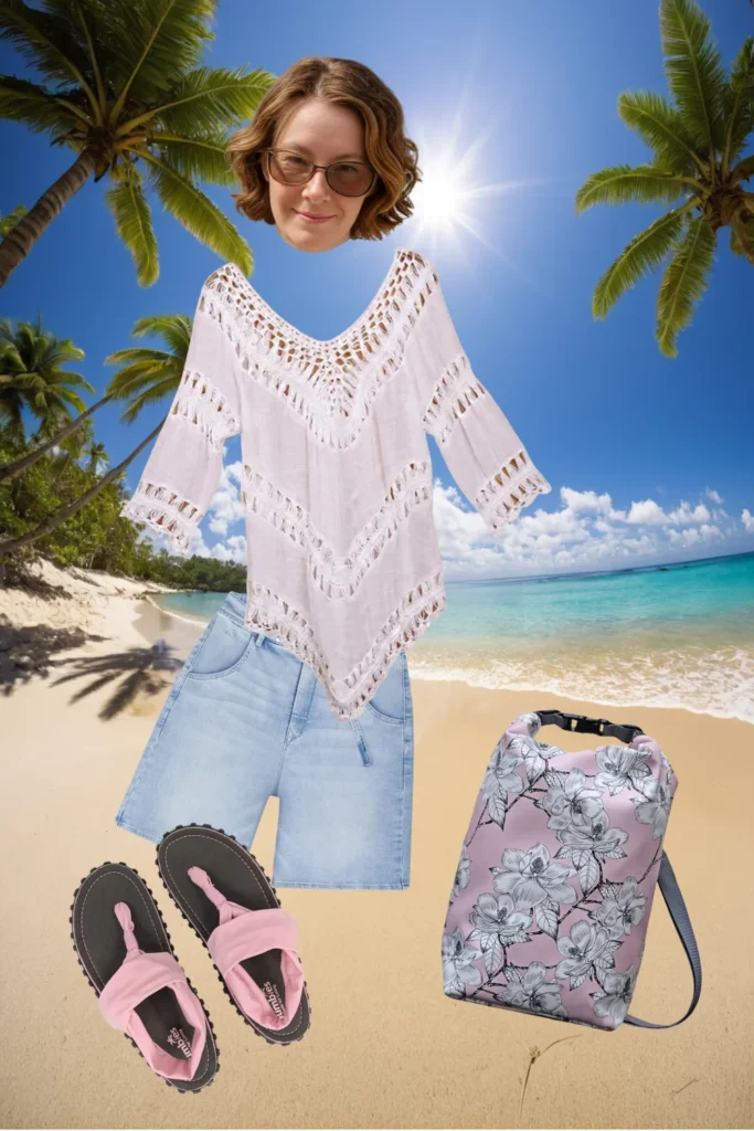 Rosa Sommer-Outfit am Strand: Häkel-Bluse, Jeans-Shorts, rosa Zehensandalen und Ikuri Drybag Magnolia – wasserdichter Rucksack mit Magnolien-Print