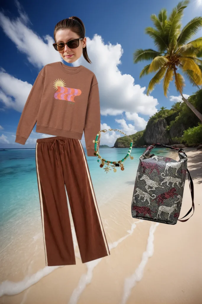 Safari-Look am Strand in Brauntönen: Fleece-Pullover, weite Hose mit Streifen, Perlenarmband und Ikuri Drybag Animals – wasserdichter Rucksack mit Animal Print