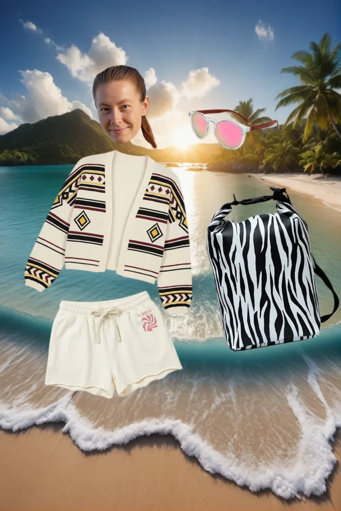 Tropisches Sommer-Outfit am Strand: Strickjacke mit Ethno-Muster, cremefarbene Shorts, pinke Sonnenbrille und Ikuri Drybag Zebra – wasserdichter Rucksack mit Zebramuster