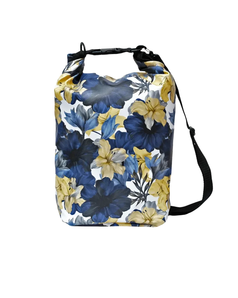 Ikuri Drybag Azucena – wasserfeste Tasche mit Lilien in Blau und Gelb, 10 Liter