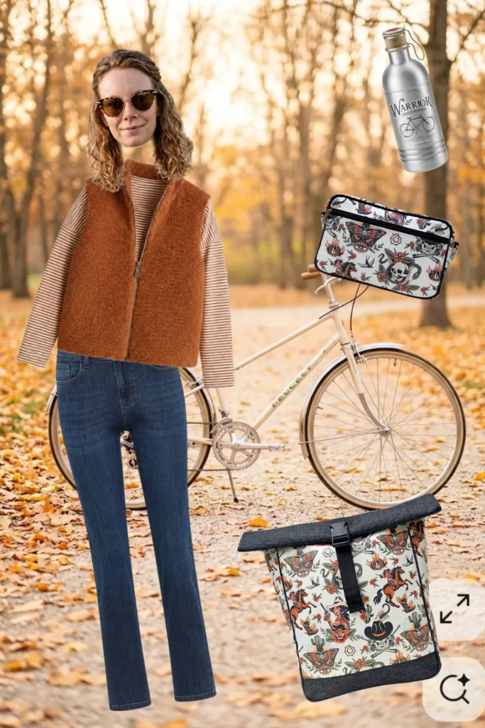 Western-Outfit fürs Fahrrad: rostbraune Wollweste, Jeans, Trinkflasche, Ikuri Fahrradtasche Rucksack Cowgirl und Lenkertasche im Herbstpark