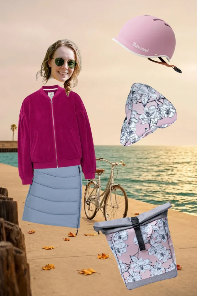 Winter-Outfit fürs Fahrrad in Rosa: Nickicord-Jacke, blauer Winterrock, rosa Fahrradhelm und Ikuri Fahrradtasche Rucksack Magnolia mit Sattelschoner