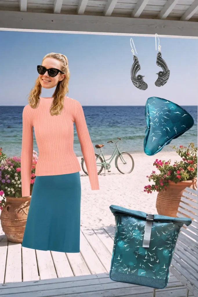 Fahrrad-Outfit am Strand: lachsfarbenes Strickoberteil, Petrol-Rock, Vogel-Ohrringe und Ikuri Fahrradtasche Rucksack Marina mit Sattelschoner