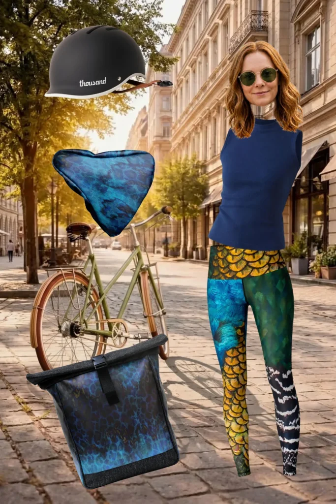 Sportliches Fahrrad-Outfit für Damen: dunkelblaues Mock-Top, Pfau-Leggings, schwarzer Fahrradhelm und Ikuri Fahrradtasche Rucksack Pantera mit Sattelschoner