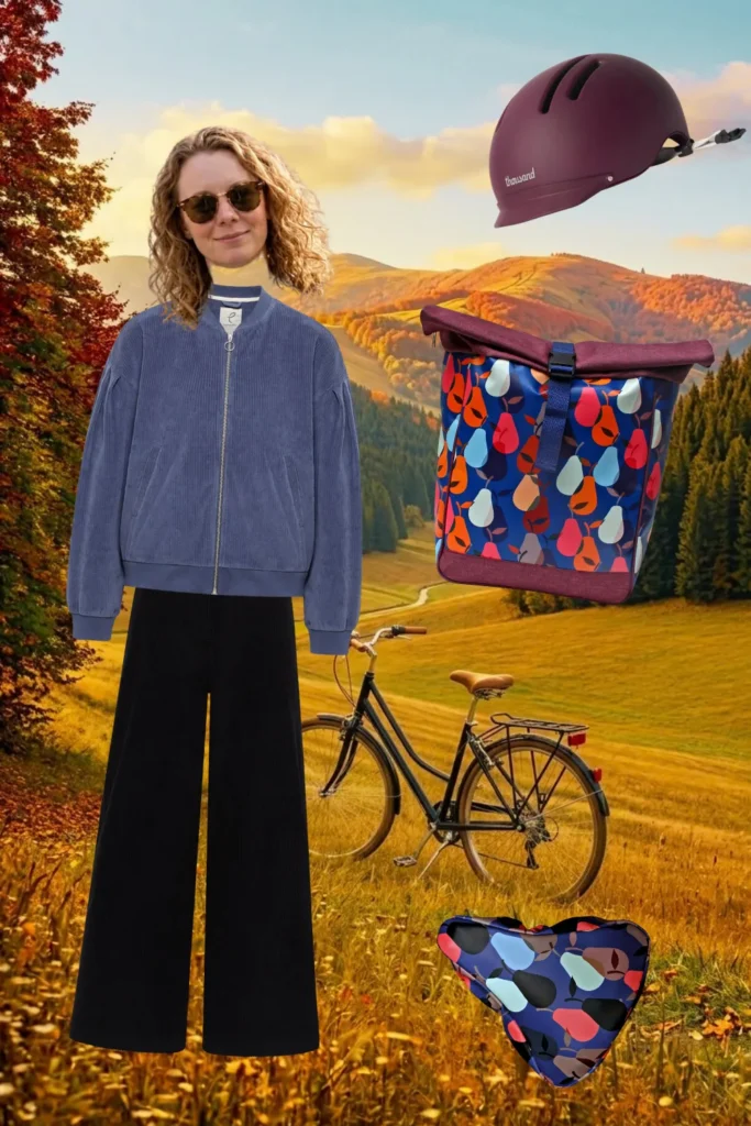 Herbst-Outfit fürs Fahrrad in Blau: Nickicord-Jacke, schwarze Cordhose, weinroter Fahrradhelm und Ikuri Fahrradtasche Rucksack Peras blau mit Sattelschoner